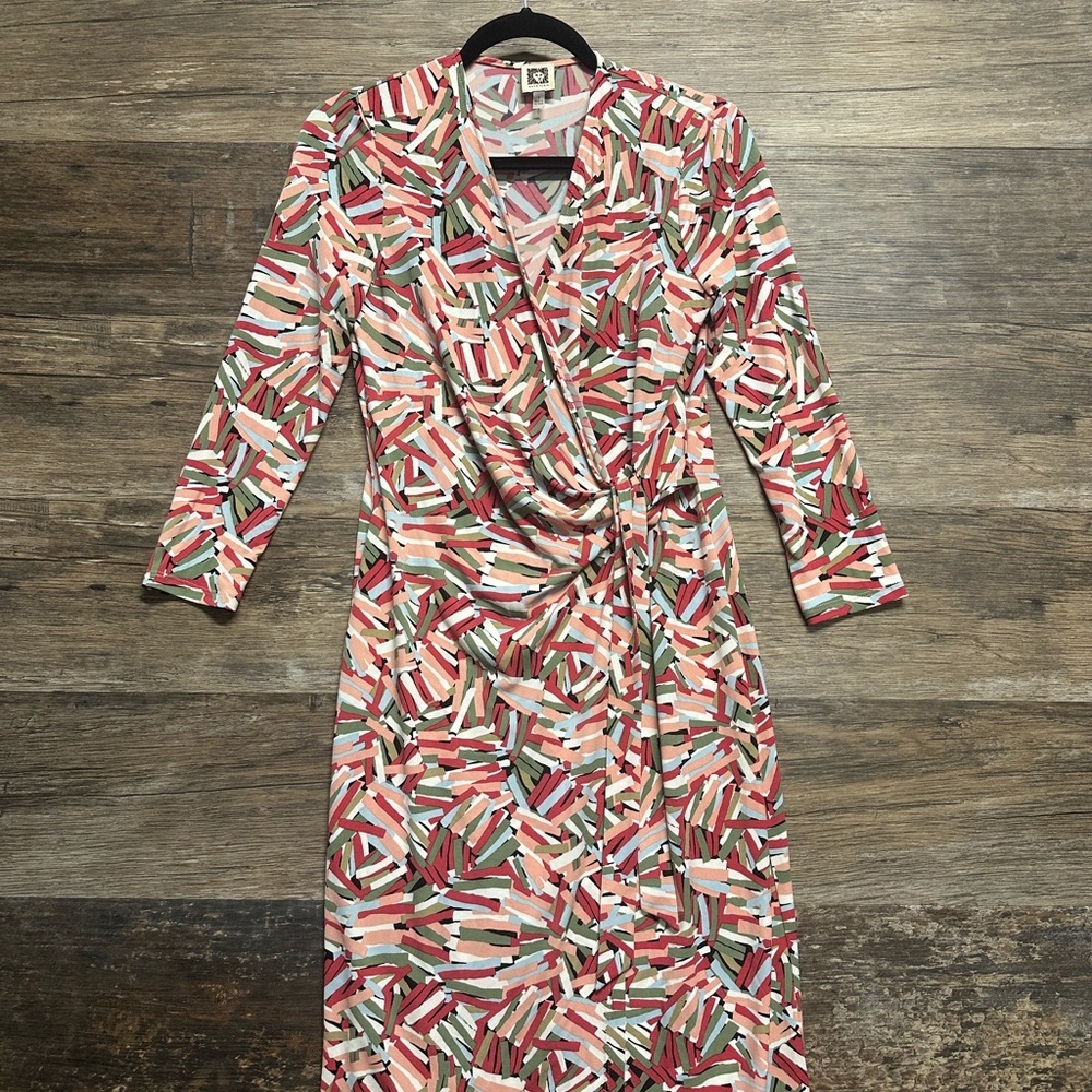 Anne Klein Red Green Wrap Dress with Geometric Abstract Pattern